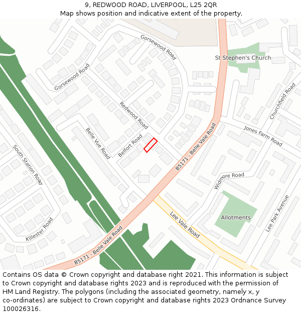 9, REDWOOD ROAD, LIVERPOOL, L25 2QR: Location map and indicative extent of plot