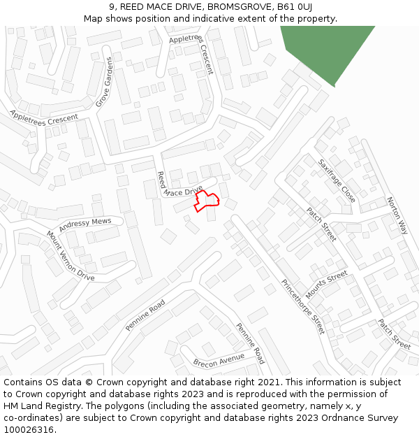 9, REED MACE DRIVE, BROMSGROVE, B61 0UJ: Location map and indicative extent of plot
