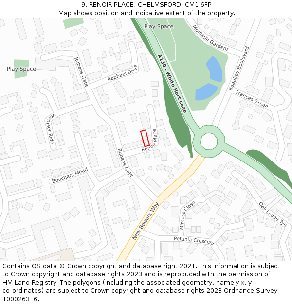 9, RENOIR PLACE, CHELMSFORD, CM1 6FP: Location map and indicative extent of plot