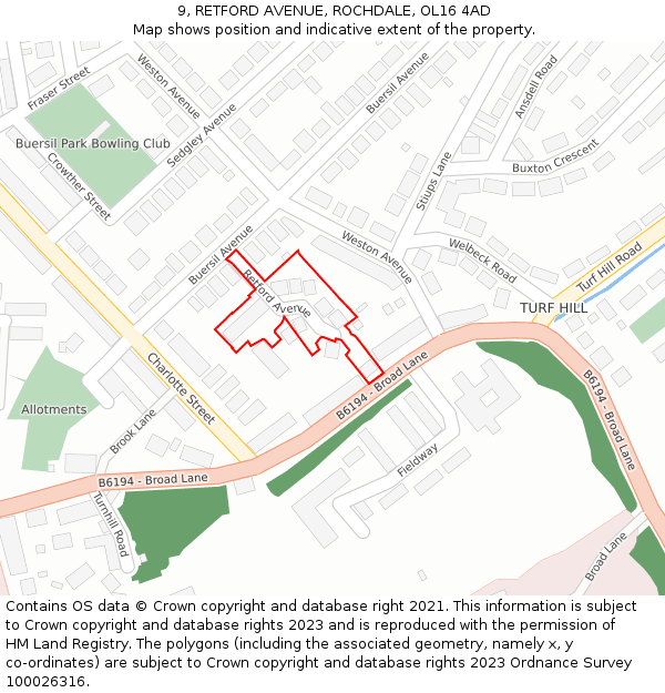 9, RETFORD AVENUE, ROCHDALE, OL16 4AD: Location map and indicative extent of plot