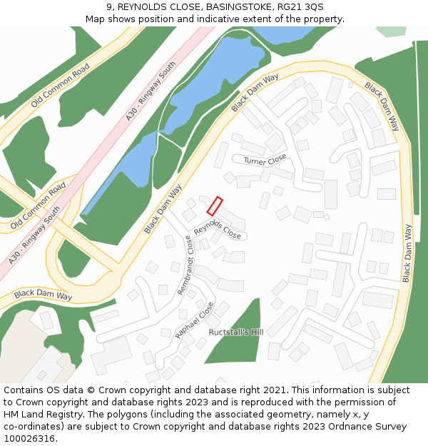 9, REYNOLDS CLOSE, BASINGSTOKE, RG21 3QS: Location map and indicative extent of plot