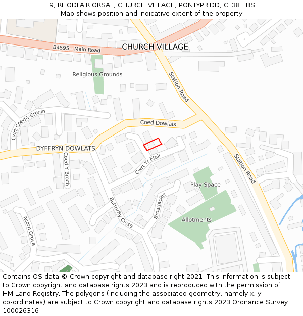 9, RHODFA'R ORSAF, CHURCH VILLAGE, PONTYPRIDD, CF38 1BS: Location map and indicative extent of plot