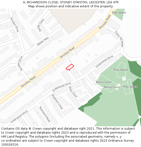 9, RICHARDSON CLOSE, STONEY STANTON, LEICESTER, LE9 4TR: Location map and indicative extent of plot