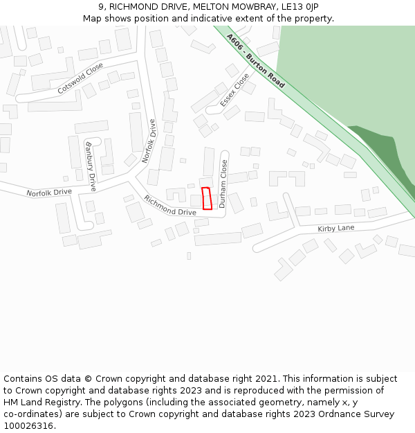 9, RICHMOND DRIVE, MELTON MOWBRAY, LE13 0JP: Location map and indicative extent of plot