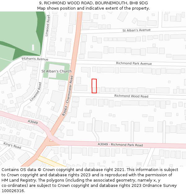 9, RICHMOND WOOD ROAD, BOURNEMOUTH, BH8 9DG: Location map and indicative extent of plot