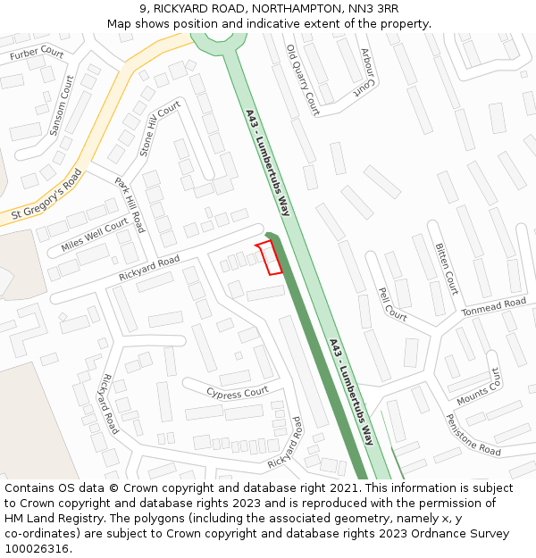 9, RICKYARD ROAD, NORTHAMPTON, NN3 3RR: Location map and indicative extent of plot
