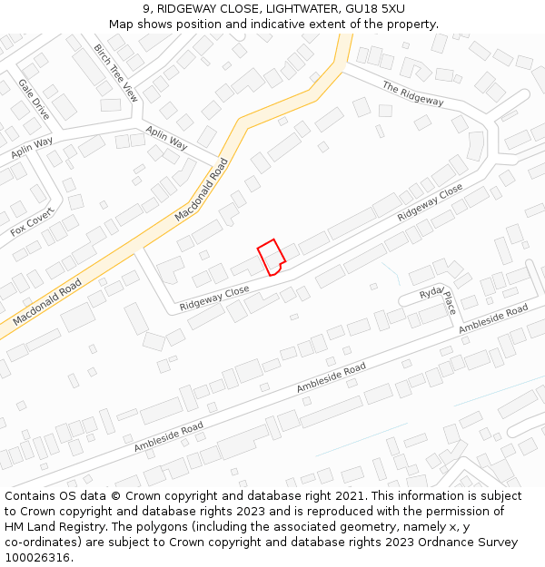 9, RIDGEWAY CLOSE, LIGHTWATER, GU18 5XU: Location map and indicative extent of plot