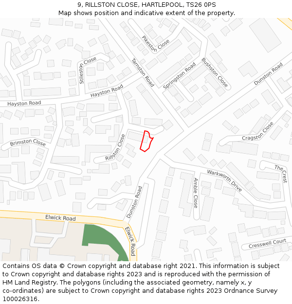 9, RILLSTON CLOSE, HARTLEPOOL, TS26 0PS: Location map and indicative extent of plot