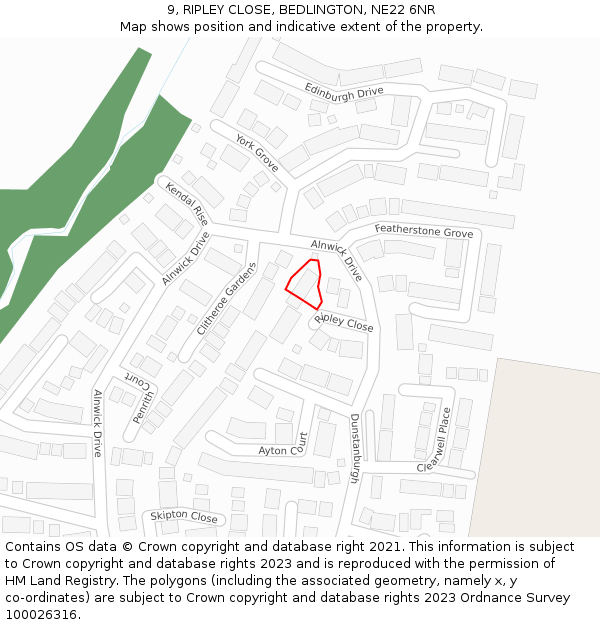9, RIPLEY CLOSE, BEDLINGTON, NE22 6NR: Location map and indicative extent of plot