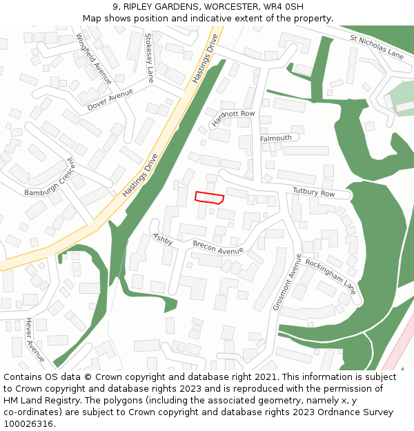 9, RIPLEY GARDENS, WORCESTER, WR4 0SH: Location map and indicative extent of plot