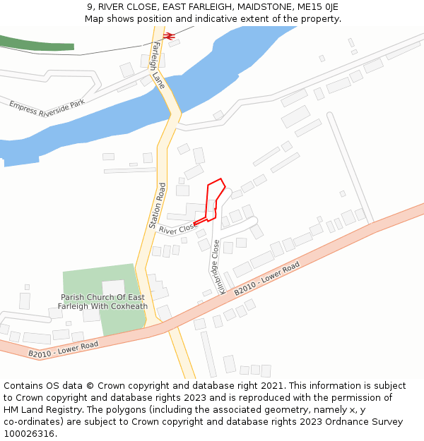 9, RIVER CLOSE, EAST FARLEIGH, MAIDSTONE, ME15 0JE: Location map and indicative extent of plot