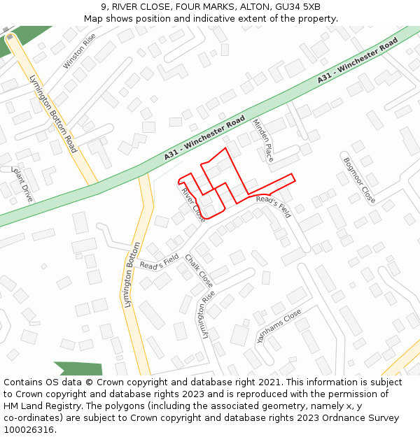 9, RIVER CLOSE, FOUR MARKS, ALTON, GU34 5XB: Location map and indicative extent of plot