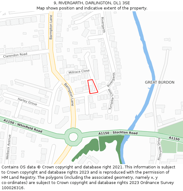 9, RIVERGARTH, DARLINGTON, DL1 3SE: Location map and indicative extent of plot