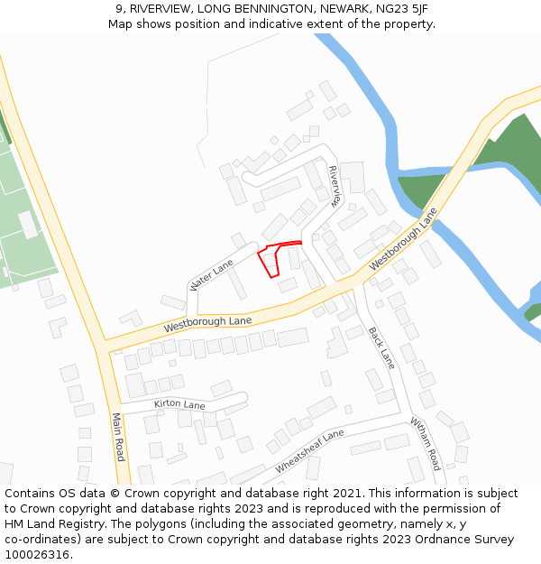 9, RIVERVIEW, LONG BENNINGTON, NEWARK, NG23 5JF: Location map and indicative extent of plot