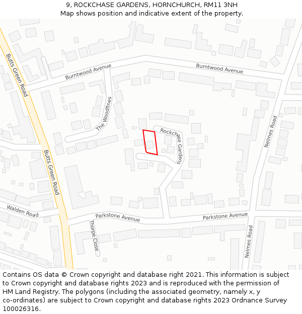 9, ROCKCHASE GARDENS, HORNCHURCH, RM11 3NH: Location map and indicative extent of plot