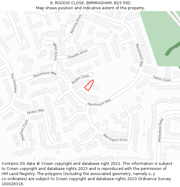 9, RODDIS CLOSE, BIRMINGHAM, B23 5XD: Location map and indicative extent of plot