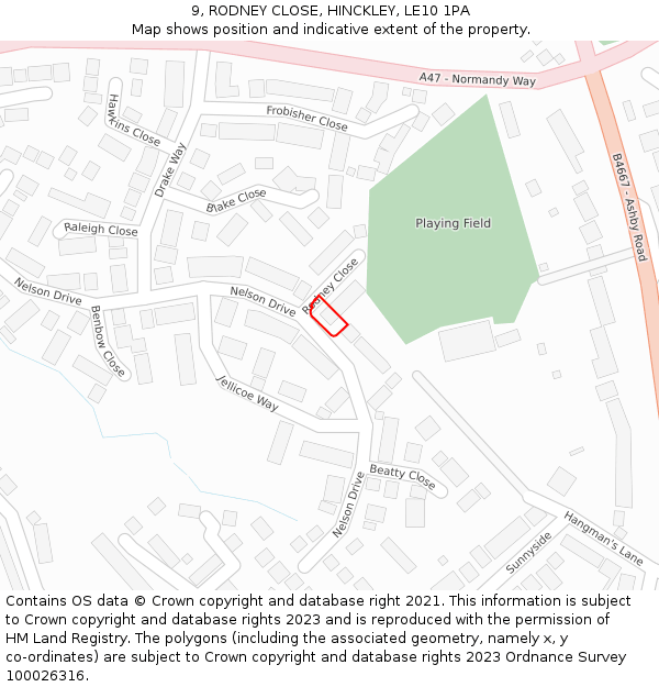 9, RODNEY CLOSE, HINCKLEY, LE10 1PA: Location map and indicative extent of plot