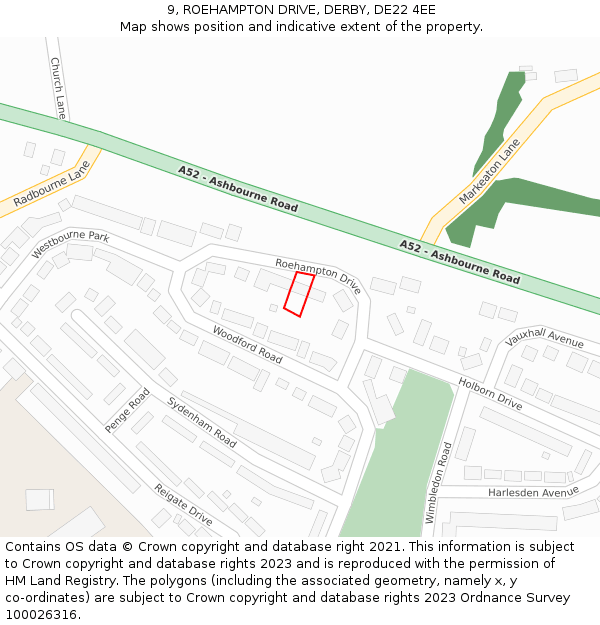 9, ROEHAMPTON DRIVE, DERBY, DE22 4EE: Location map and indicative extent of plot