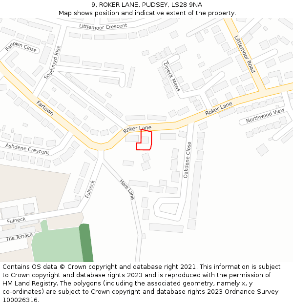 9, ROKER LANE, PUDSEY, LS28 9NA: Location map and indicative extent of plot