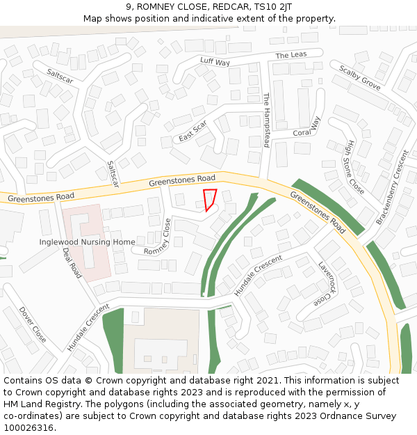 9, ROMNEY CLOSE, REDCAR, TS10 2JT: Location map and indicative extent of plot