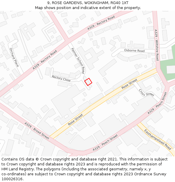 9, ROSE GARDENS, WOKINGHAM, RG40 1XT: Location map and indicative extent of plot