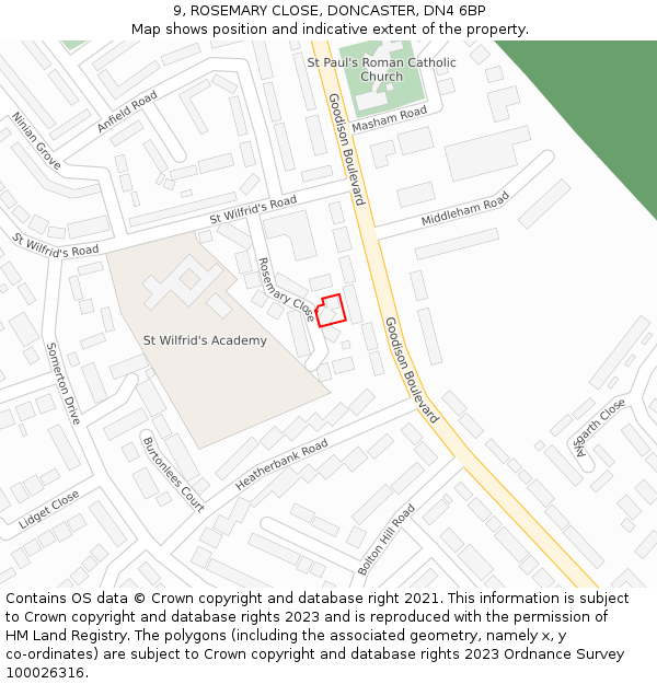 9, ROSEMARY CLOSE, DONCASTER, DN4 6BP: Location map and indicative extent of plot