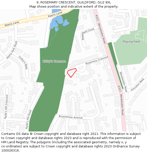 9, ROSEMARY CRESCENT, GUILDFORD, GU2 9XL: Location map and indicative extent of plot