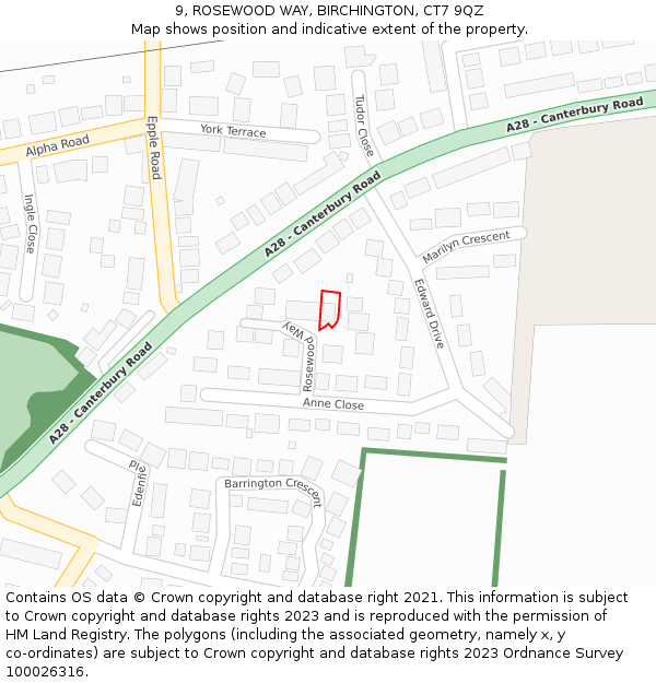 9, ROSEWOOD WAY, BIRCHINGTON, CT7 9QZ: Location map and indicative extent of plot