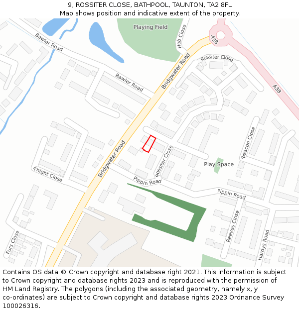 9, ROSSITER CLOSE, BATHPOOL, TAUNTON, TA2 8FL: Location map and indicative extent of plot