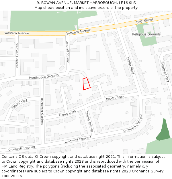 9, ROWAN AVENUE, MARKET HARBOROUGH, LE16 9LS: Location map and indicative extent of plot