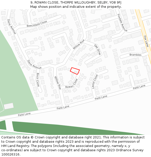 9, ROWAN CLOSE, THORPE WILLOUGHBY, SELBY, YO8 9FJ: Location map and indicative extent of plot