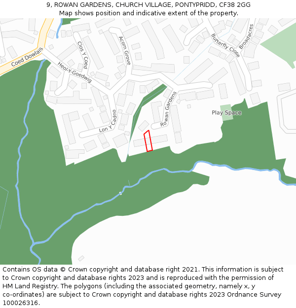 9, ROWAN GARDENS, CHURCH VILLAGE, PONTYPRIDD, CF38 2GG: Location map and indicative extent of plot