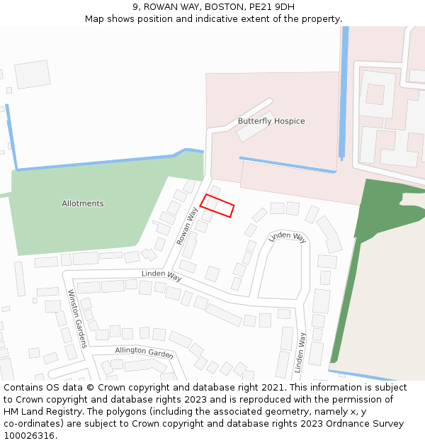 9, ROWAN WAY, BOSTON, PE21 9DH: Location map and indicative extent of plot