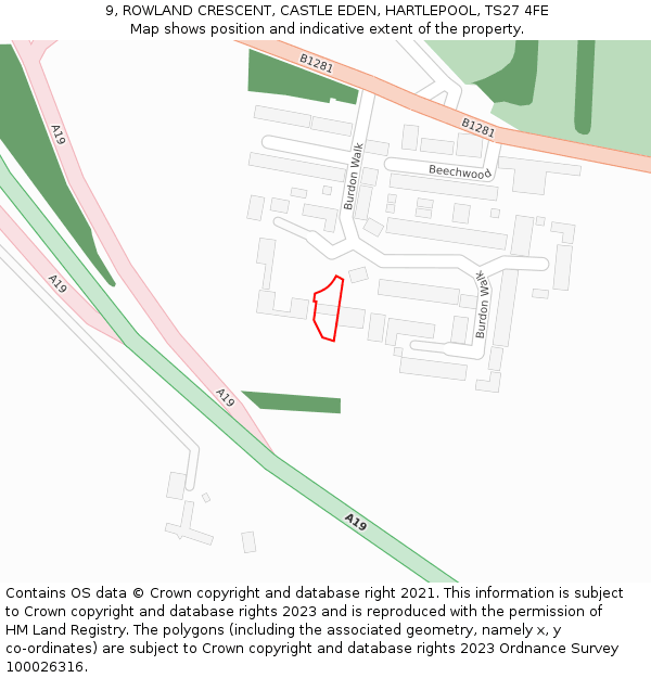 9, ROWLAND CRESCENT, CASTLE EDEN, HARTLEPOOL, TS27 4FE: Location map and indicative extent of plot