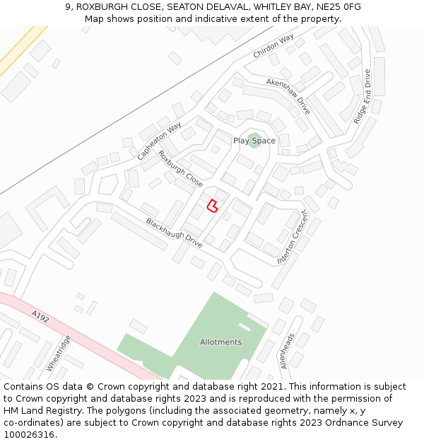 9, ROXBURGH CLOSE, SEATON DELAVAL, WHITLEY BAY, NE25 0FG: Location map and indicative extent of plot