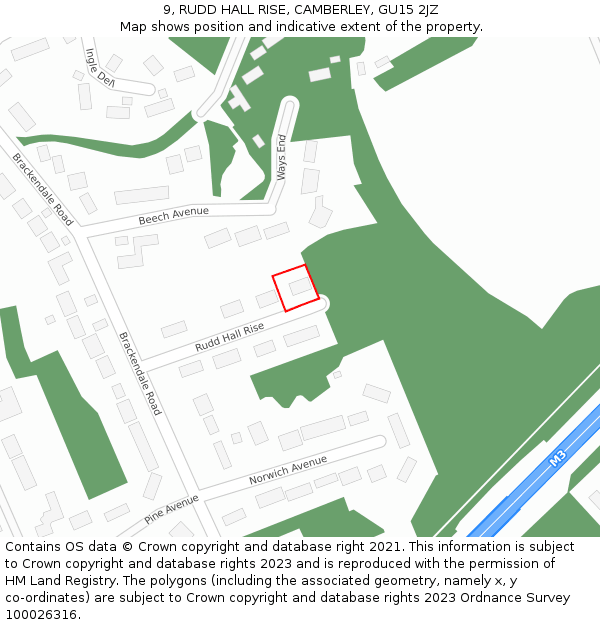 9, RUDD HALL RISE, CAMBERLEY, GU15 2JZ: Location map and indicative extent of plot