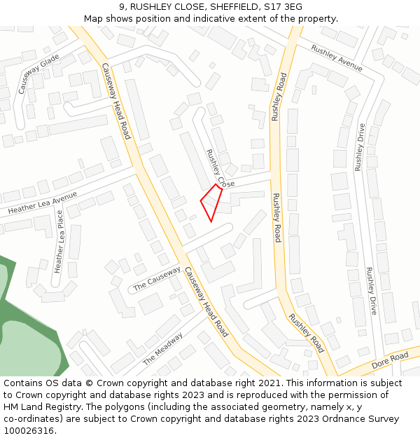 9, RUSHLEY CLOSE, SHEFFIELD, S17 3EG: Location map and indicative extent of plot