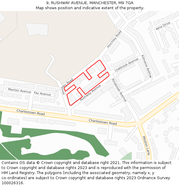9, RUSHWAY AVENUE, MANCHESTER, M9 7GA: Location map and indicative extent of plot