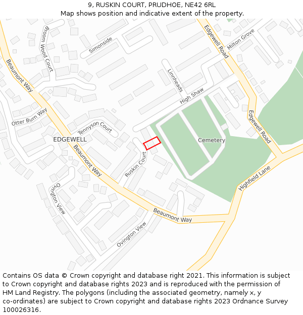 9, RUSKIN COURT, PRUDHOE, NE42 6RL: Location map and indicative extent of plot