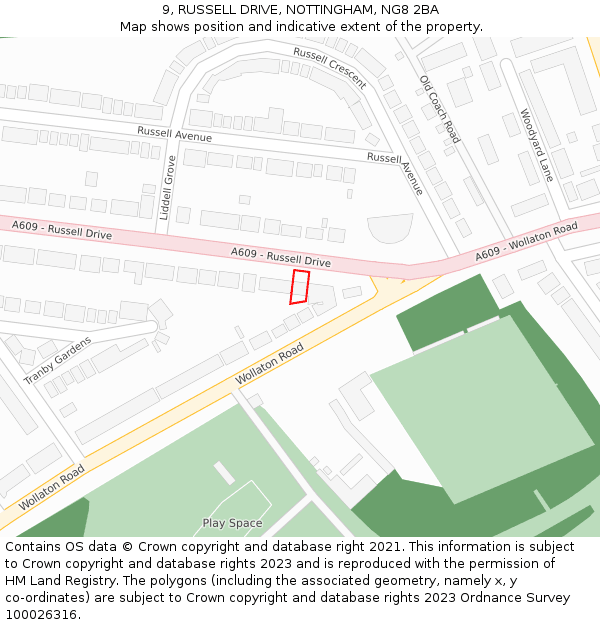 9, RUSSELL DRIVE, NOTTINGHAM, NG8 2BA: Location map and indicative extent of plot