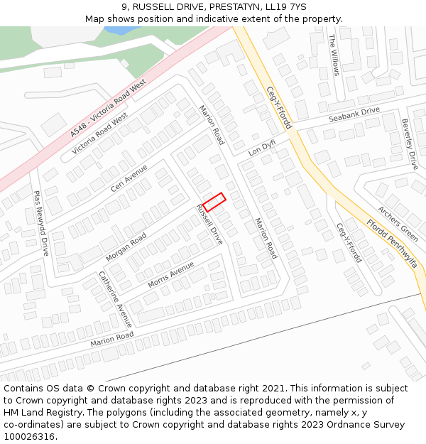 9, RUSSELL DRIVE, PRESTATYN, LL19 7YS: Location map and indicative extent of plot