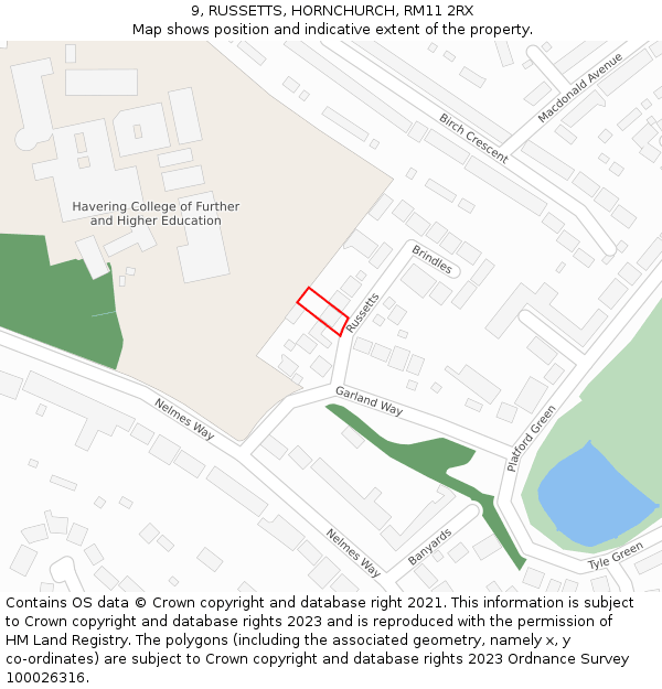 9, RUSSETTS, HORNCHURCH, RM11 2RX: Location map and indicative extent of plot