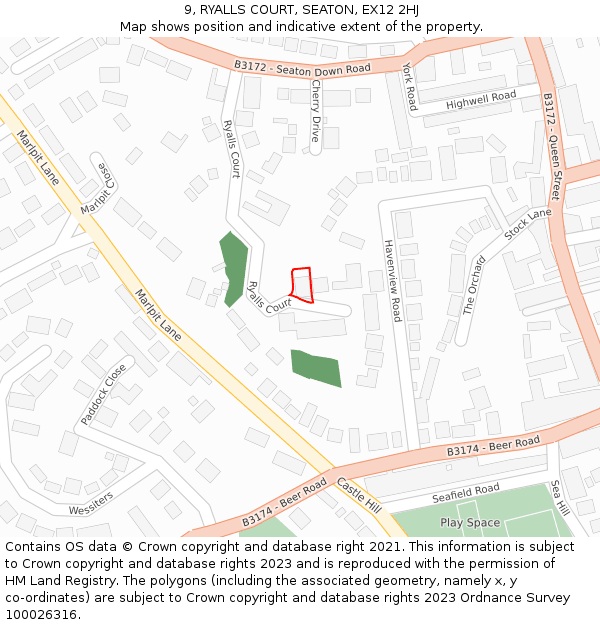 9, RYALLS COURT, SEATON, EX12 2HJ: Location map and indicative extent of plot