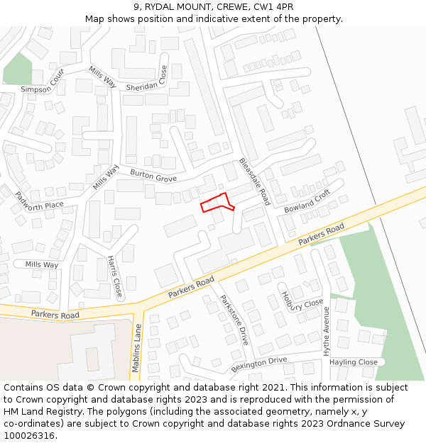 9, RYDAL MOUNT, CREWE, CW1 4PR: Location map and indicative extent of plot