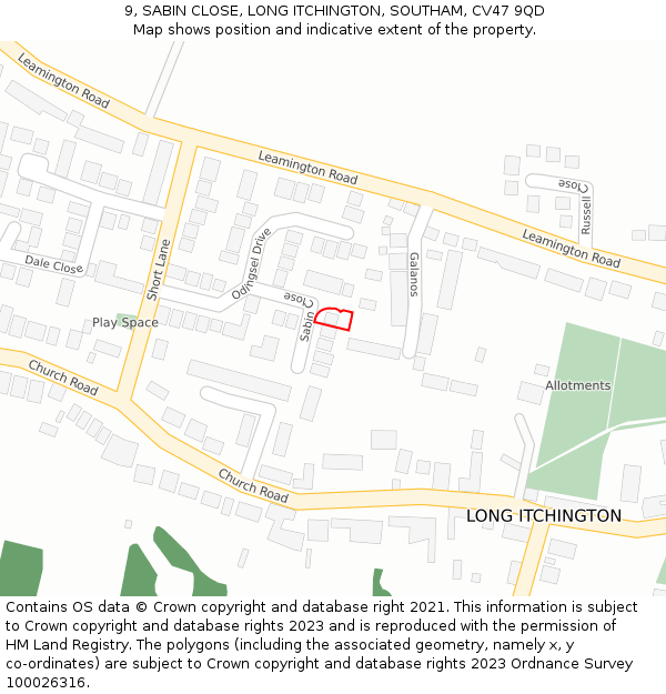 9, SABIN CLOSE, LONG ITCHINGTON, SOUTHAM, CV47 9QD: Location map and indicative extent of plot