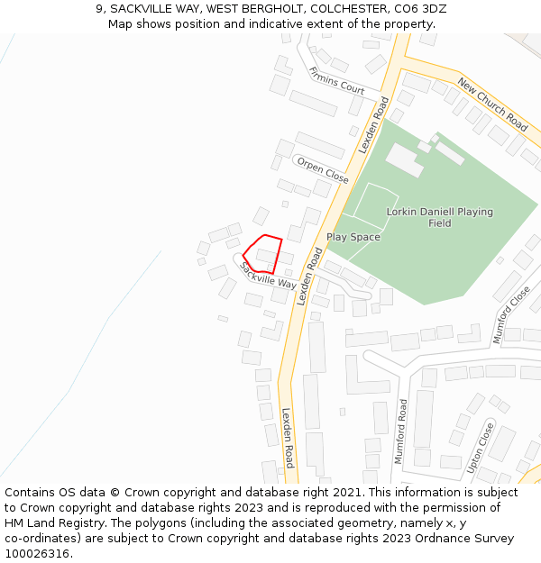 9, SACKVILLE WAY, WEST BERGHOLT, COLCHESTER, CO6 3DZ: Location map and indicative extent of plot