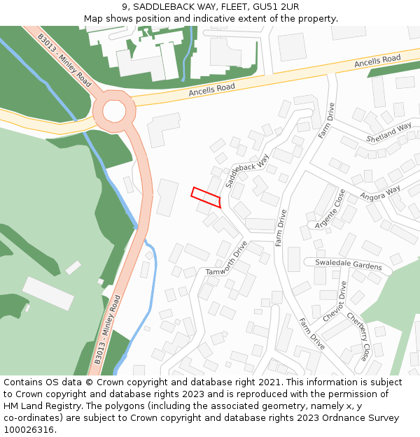 9, SADDLEBACK WAY, FLEET, GU51 2UR: Location map and indicative extent of plot