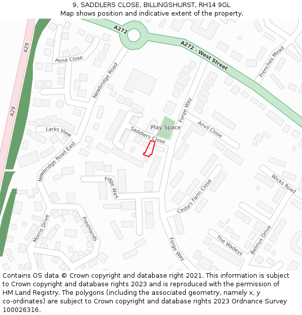 9, SADDLERS CLOSE, BILLINGSHURST, RH14 9GL: Location map and indicative extent of plot