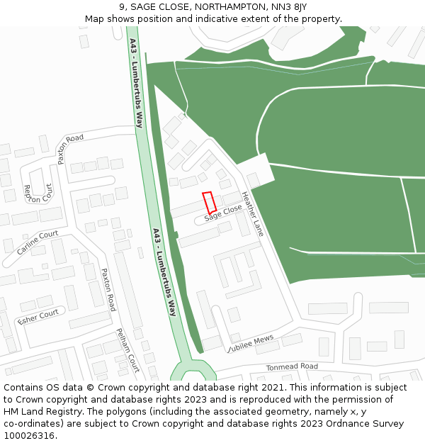 9, SAGE CLOSE, NORTHAMPTON, NN3 8JY: Location map and indicative extent of plot