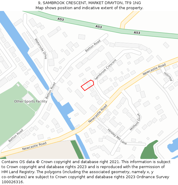 9, SAMBROOK CRESCENT, MARKET DRAYTON, TF9 1NG: Location map and indicative extent of plot